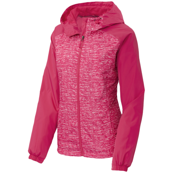 LST40 Sport-Tek Women's Heather Colorblock Raglan Hooded Wind Jacket